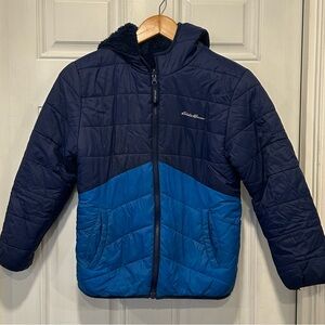 Eddie Bauer Youth Blue Reversible Hooded Quilted Fleece Jacket Size M 10/12, Ski